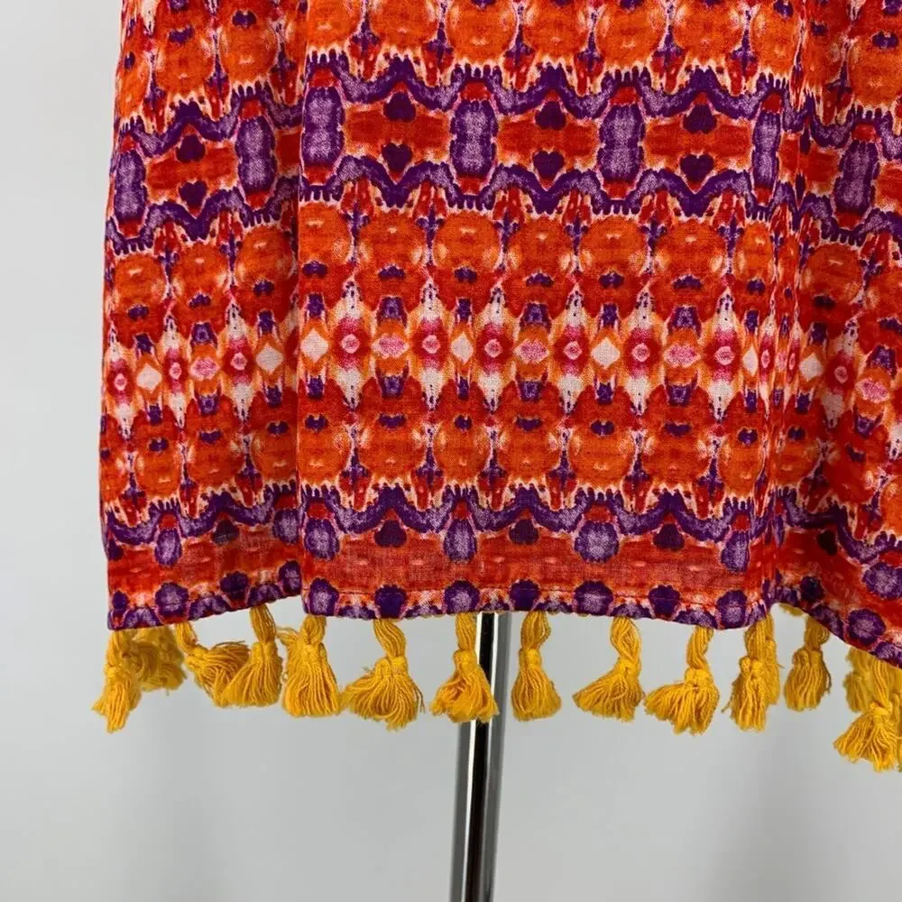 THML Top Womens S Small Red Orange Multi Halter Big Bow Tie Back Tassels Hem